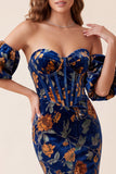 Corset Strapless Dark Blue Velvet Mermaid Formal Dress with Detachable Puff Sleeves