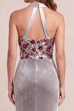 Halter Floral Grey Mermaid Velvet Sequins Long Formal Dress