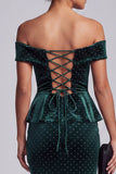 Off the Shoulder Dark Green Velvet Beaded Long Mother of the Bride Dress