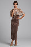 Round Neck Velvet Chocolates Sheath Sequin Mother of the Bride Dress with Cape