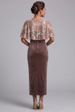Round Neck Velvet Chocolates Sheath Sequin Mother of the Bride Dress with Cape