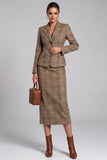 Notched Lapel Brown 2-piece Tweed Midi Work Dress