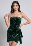 Strapless Dark Green Bodycon Sequins Mini Velvet Dress