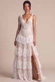 A Line Lace White Tiered V-Neck Maxi Boho Wedding Dress