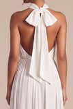 Halter White A Line Ruched Maxi Beach Wedding Dress