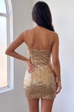 Spaghetti Straps Bodycon Squins Gold Mini Homecoming Dress