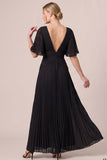 V-Neck A Line Pleated Chiffon Maxi Black Tie Dress