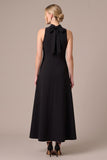A Line High Neck Maxi Black Tie Dress With 3D Flowers