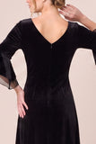 Dark Green A Line 3/4 Sleeve Midi Velvet Dress