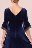 Dark Green A Line 3/4 Sleeve Midi Velvet Dress