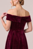 Off The Shoulder A Line Burgundy Midi Velvet Dress