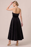 Strapless A Line Navy Midi Velvet Dress