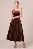 Strapless A Line Navy Midi Velvet Dress
