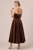 Strapless A Line Navy Midi Velvet Dress