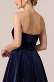 Strapless A Line Navy Midi Velvet Dress