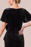 V-Neck Dark Navy Sheath Ruched Midi Velvet Dress With 3D Flower
