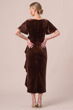 V-Neck Dark Navy Sheath Ruched Midi Velvet Dress With 3D Flower