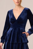Tiered Ruffled A-Line Brown Velvet Long Sleeve Formal Dress