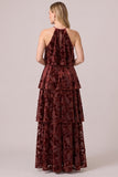 Halter Black Tiered Velvet A-Line Long Formal Dress with Ruffles