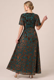 Floral Brown A-Line Velvet Short Sleeve Long Formal Dress with Slit