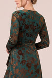 Floral A-Line Long Sleeve Brown Velvet Formal Dress with Slit