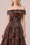 Brown Off The Shoulder Floral A-Line Midi Wedding Guest Dress