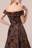 Brown Off The Shoulder Floral A-Line Midi Wedding Guest Dress