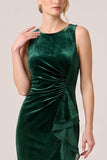 Dark Green Mermaid Round Neck Ruched High-Low Velvet Dress