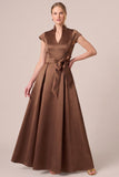 A-Line Satin Cap Sleeve Brown Long Mother Of The Bride Dress