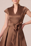 A-Line Satin Cap Sleeve Brown Long Mother Of The Bride Dress