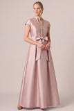Dusty Rose A-Line Beaded Cap Sleeve Satin Long Mother Of The Bride Dress