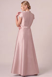 Dusty Rose A-Line Beaded Cap Sleeve Satin Long Mother Of The Bride Dress