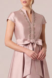 Dusty Rose A-Line Beaded Cap Sleeve Satin Long Mother Of The Bride Dress