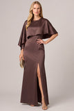 Mermaid Beaded Cape Sleeve Brown Satin Long Mother Of The Bride Dress
