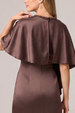 Mermaid Beaded Cape Sleeve Brown Satin Long Mother Of The Bride Dress