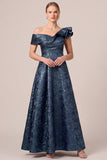 Navy Asymmetrical Neck Floral A-Line Ruffled Long Mother Of The Bride Dress