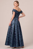 Navy Asymmetrical Neck Floral A-Line Ruffled Long Mother Of The Bride Dress