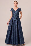 A-Line V-Neck Navy Floral Long Mother Of The Bride Dress with Sash