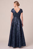 A-Line V-Neck Navy Floral Long Mother Of The Bride Dress with Sash