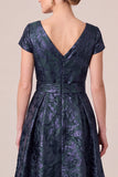 A-Line V-Neck Navy Floral Long Mother Of The Bride Dress with Sash