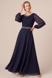 Beaded Long Sleeve Navy A-Line Chiffon Maxi Mother Of The Bride Dress