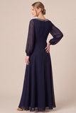 Beaded Long Sleeve Navy A-Line Chiffon Maxi Mother Of The Bride Dress
