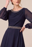 Beaded Long Sleeve Navy A-Line Chiffon Maxi Mother Of The Bride Dress