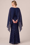 Sequins Mermaid Navy Cape Sleeve Long Mother Of The Bride Dress