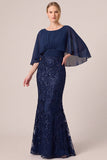 Mermaid Navy Cape Sleeve Sequins Long Mother Of The Bride Dress