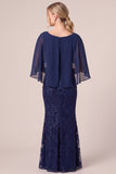 Mermaid Navy Cape Sleeve Sequins Long Mother Of The Bride Dress