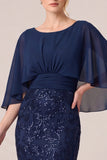 Mermaid Navy Cape Sleeve Sequins Long Mother Of The Bride Dress