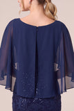 Mermaid Navy Cape Sleeve Sequins Long Mother Of The Bride Dress