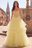 A Line Corset Strapless Tiered Yellow Maxi Prom Dress With Pearls