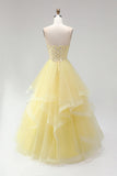 A Line Corset Strapless Tiered Yellow Maxi Prom Dress With Pearls